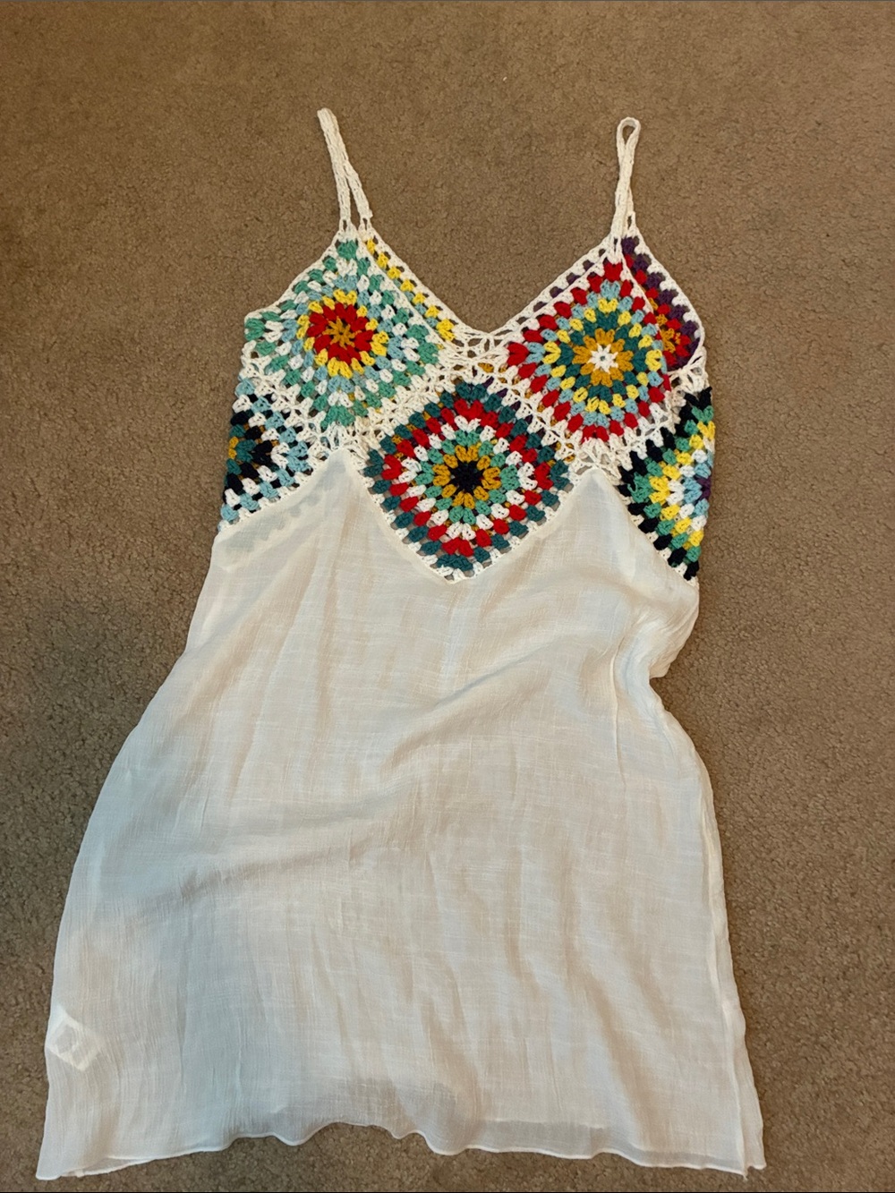 White Crochet-Accent Swim Coverup with Multicolor Crochet Panels